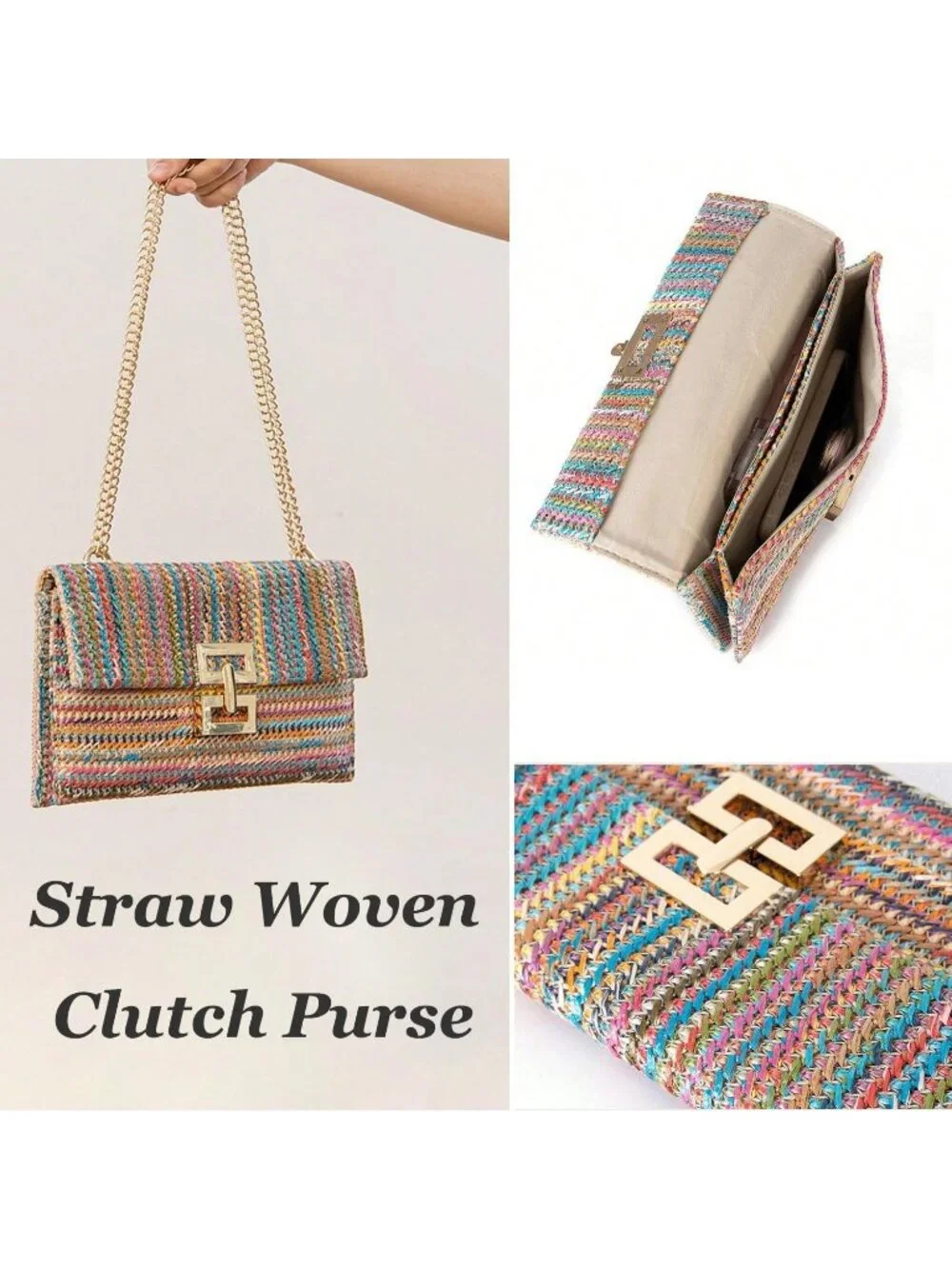 Women’s Rainbow Straw Woven Clutch Purse Crossbody Evening Wedding Handbag
